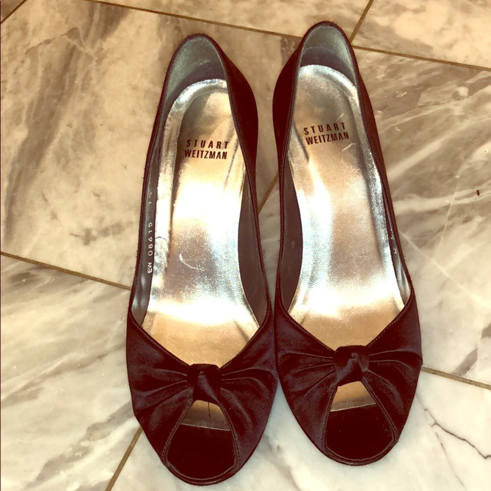 Black satin Stuart Weitzman open toed heels